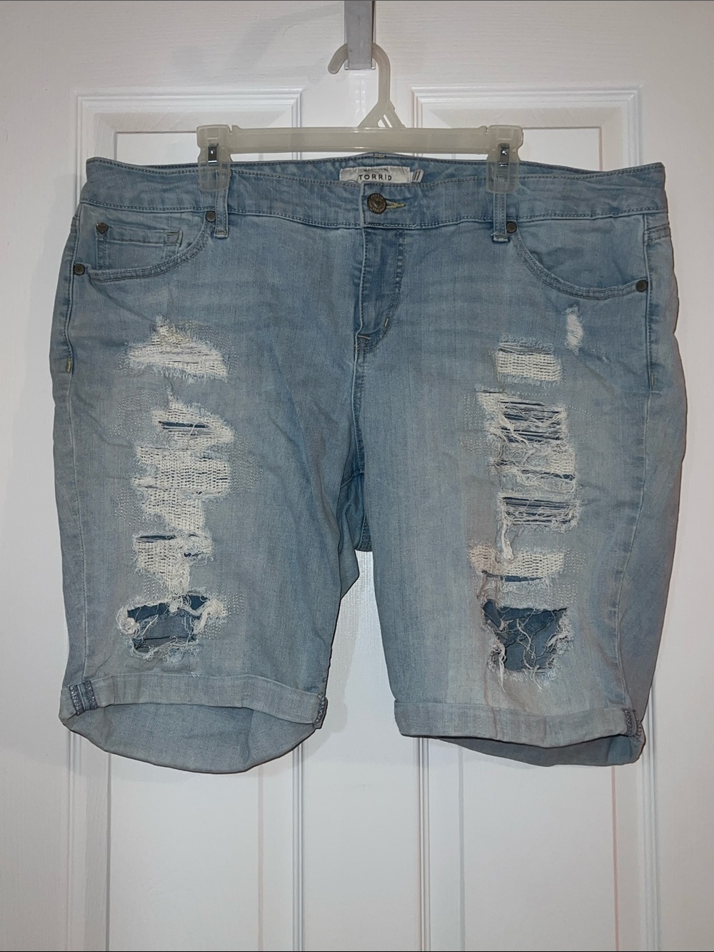 torrid Light Blue Distressed Denim Boyfriend Short